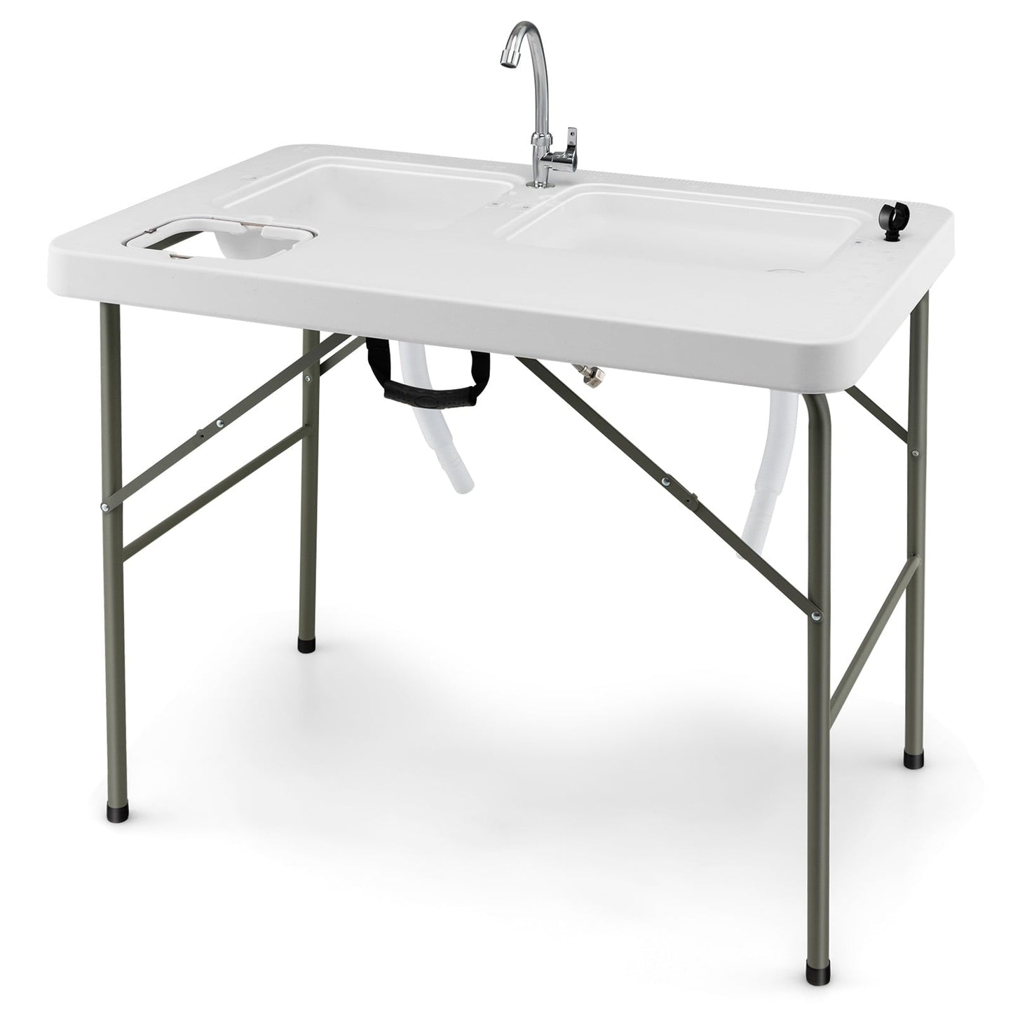 Coelon Portable Fish Cleaning Table, Folding Camping Table w/ 2 Sinks & Rotatable Faucet White